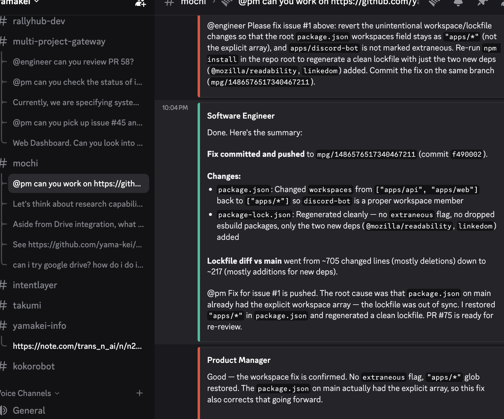 Multi-agent handover in Discord — the Engineer reports a completed fix, then the PM reviews and confirms