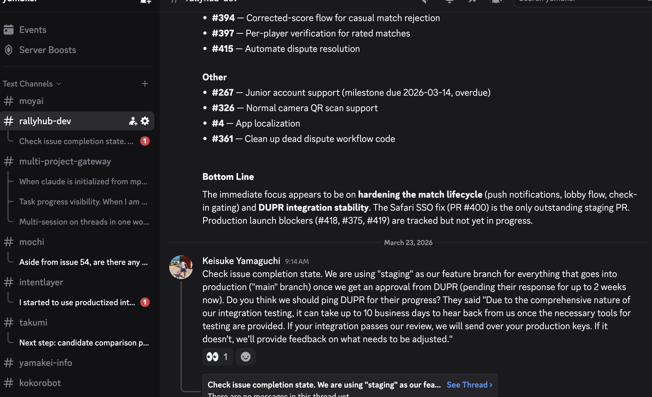 Discord sidebar showing multiple project channels — each with its own threads for different workstreams