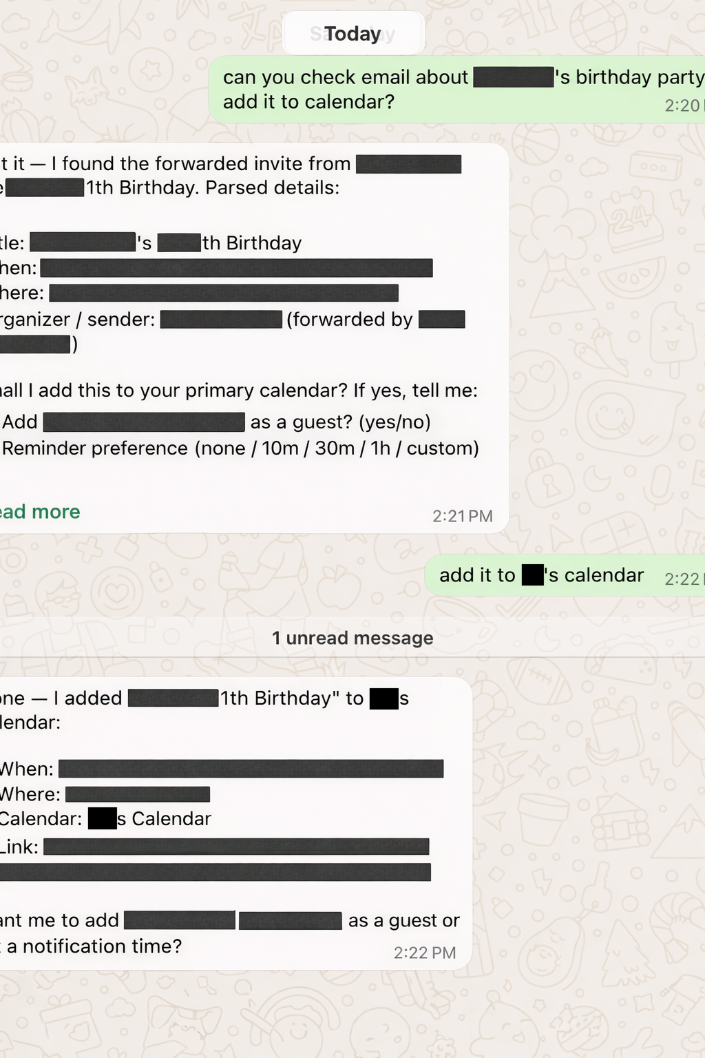 An OpenClaw agent reading an email invitation via WhatsApp and adding it to a shared calendar autonomously.